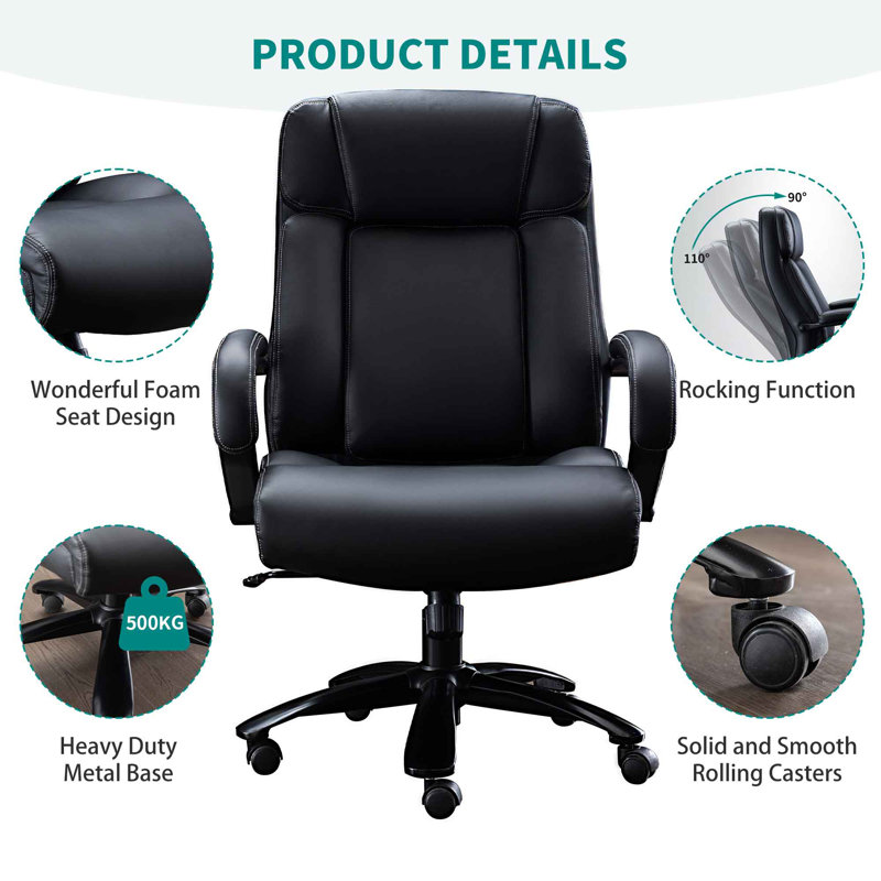 JC HOME Big and Tall Desk Chair with Padded Armrest and Adjustable Seat Supports up to 500lbs